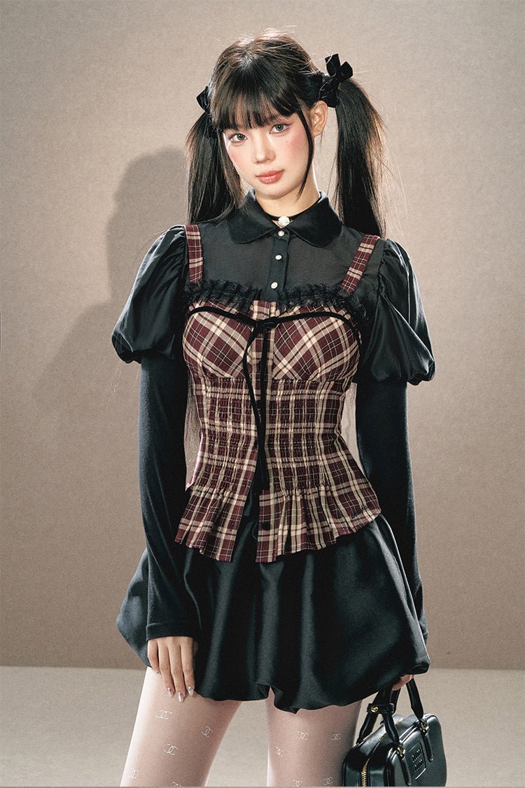 Plaid Bustier Suspender/Patchwork Shirt/Bubble Skirt