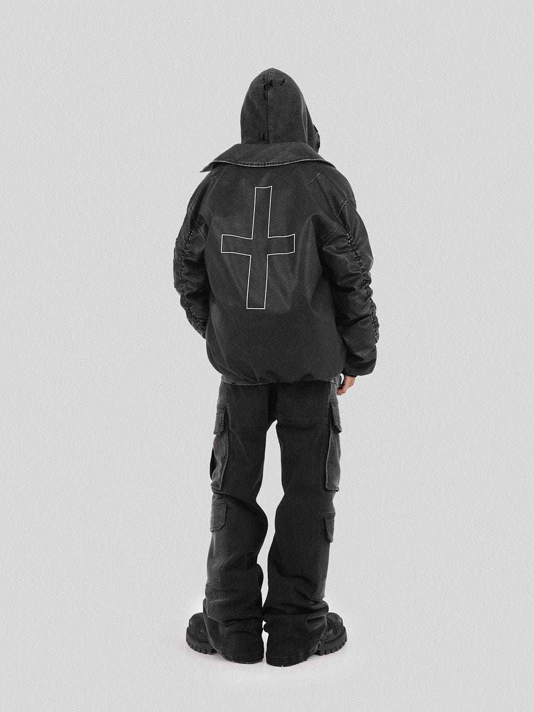 Black Leather Jacket with Cross Design