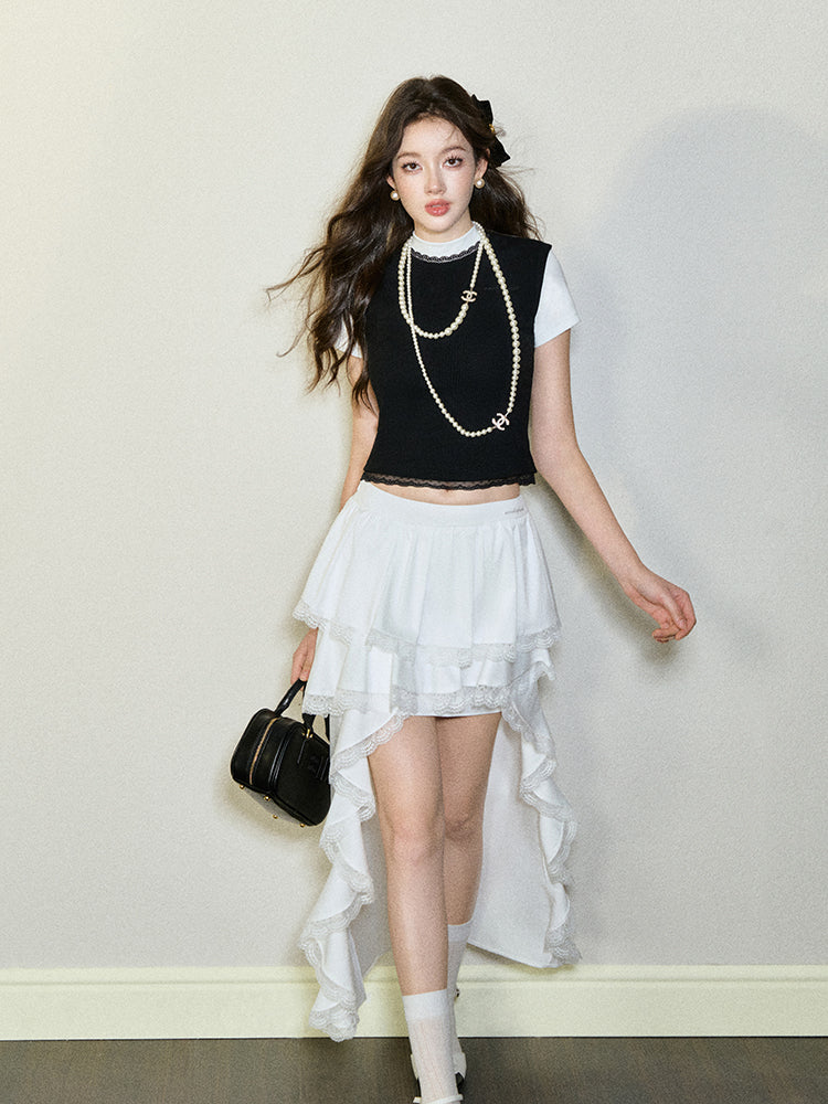 White Lace Trim High Low Skirt