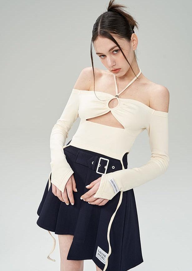 Off Shoulder Long Sleeve Ribbon Halter Neck Top