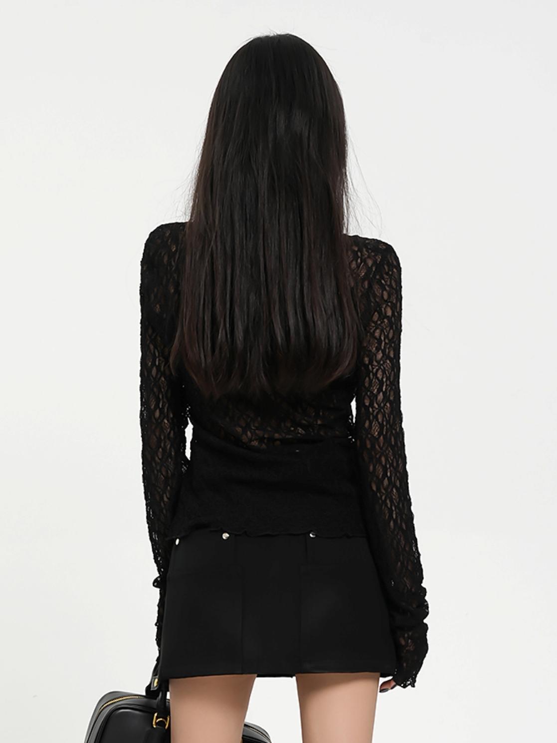 Sheer Lace Long Sleeve Crop Top - Gothic Mesh V-Neck Blouse