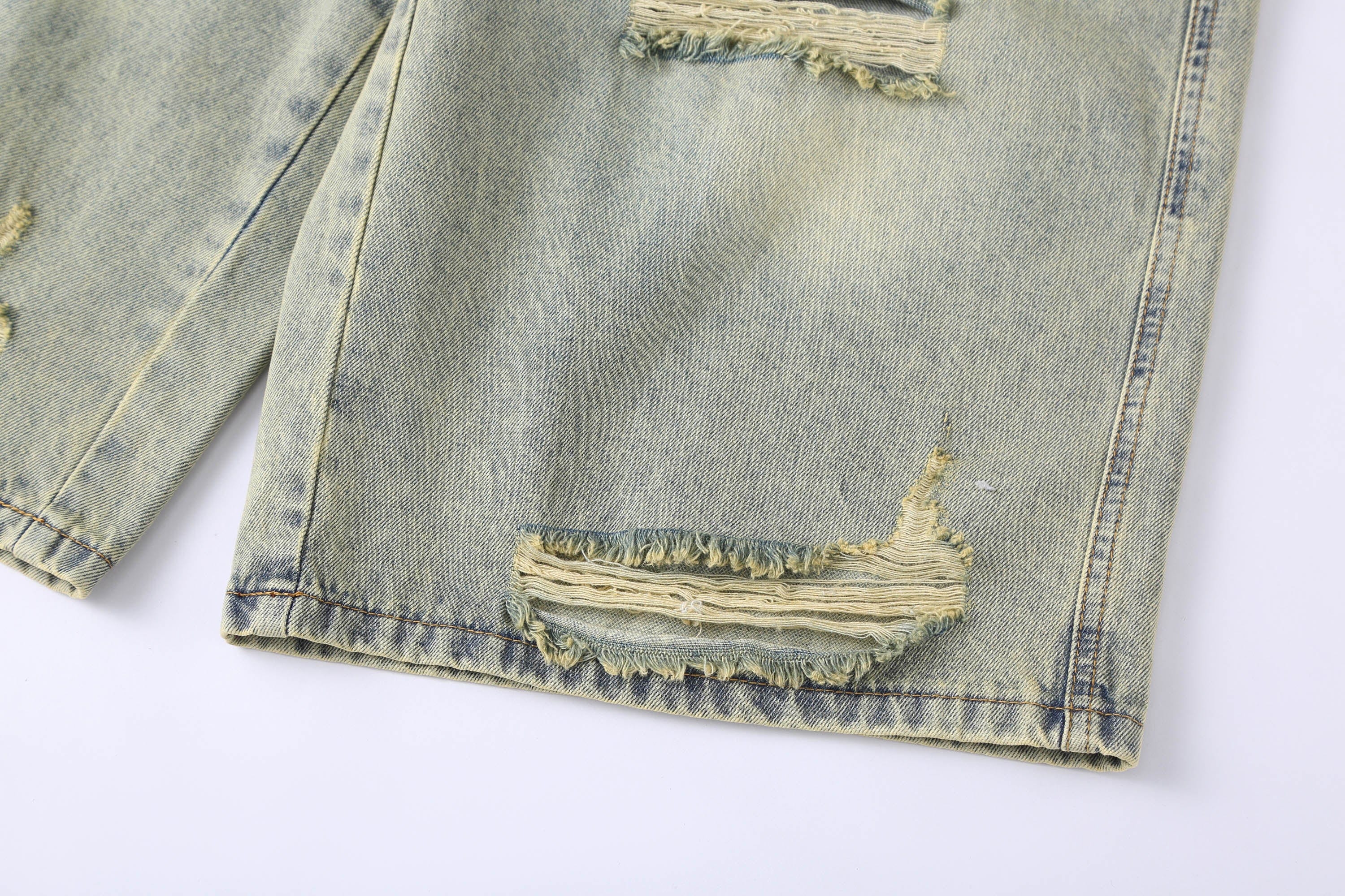 Distressed Wide-Leg Knee-Length Denim Shorts