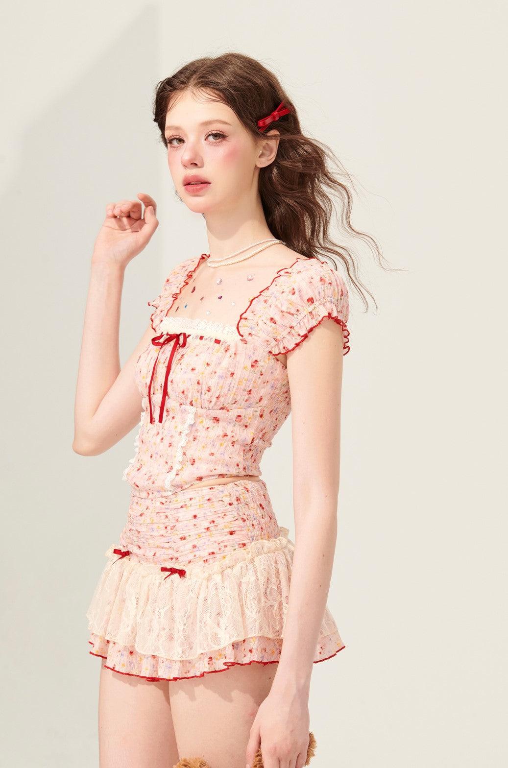 Pink Puff Sleeve Lace Top and Skirt Set - chiclara