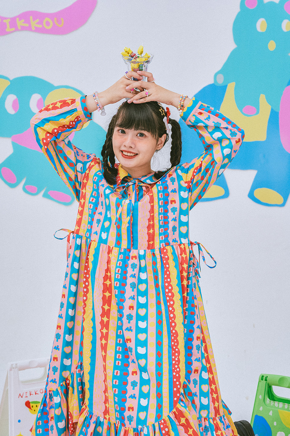 Colorful Striped Pattern Midi Dress with Ruffled Hem