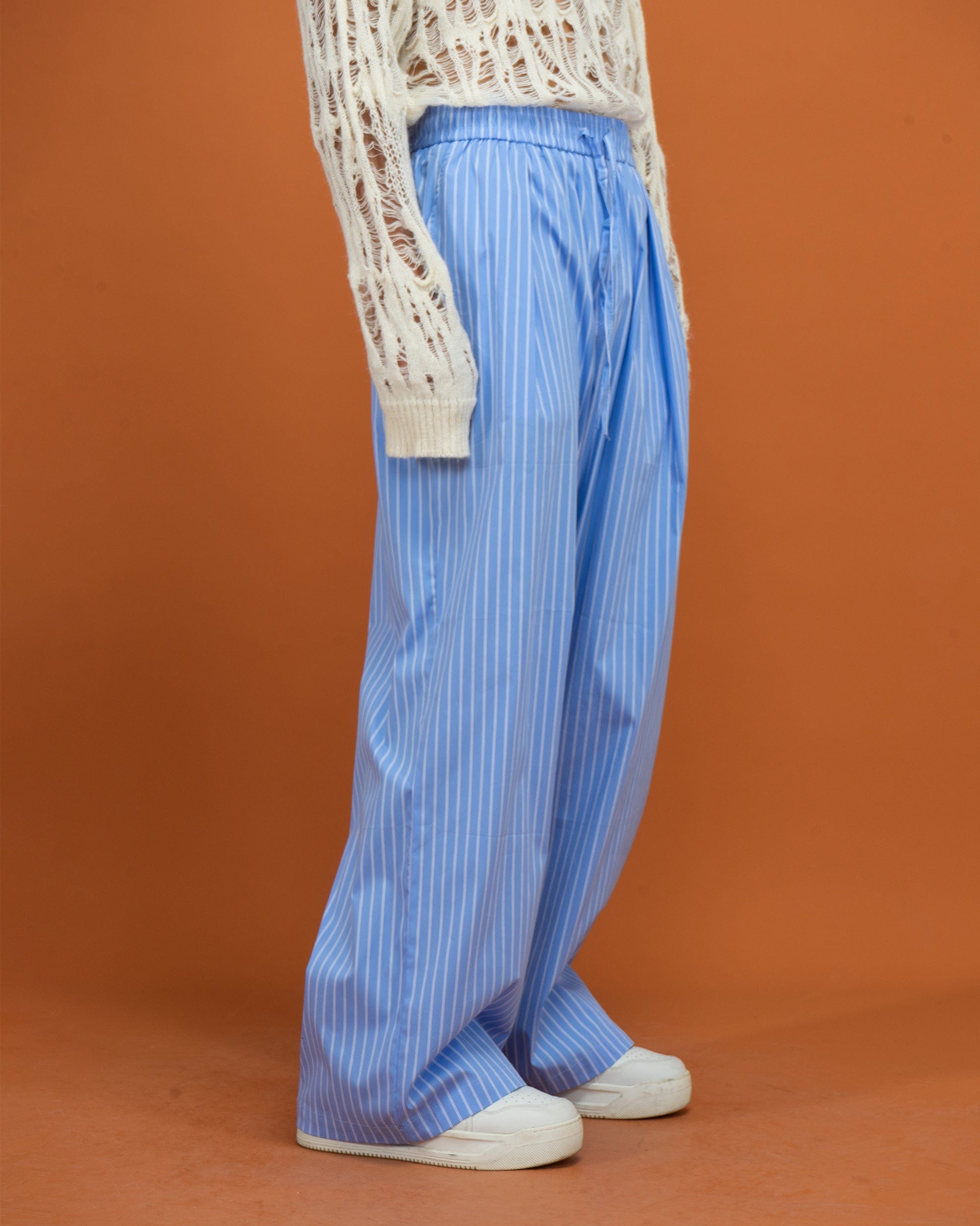 Blue Pinstripe Drawstring Wide-Leg Pants