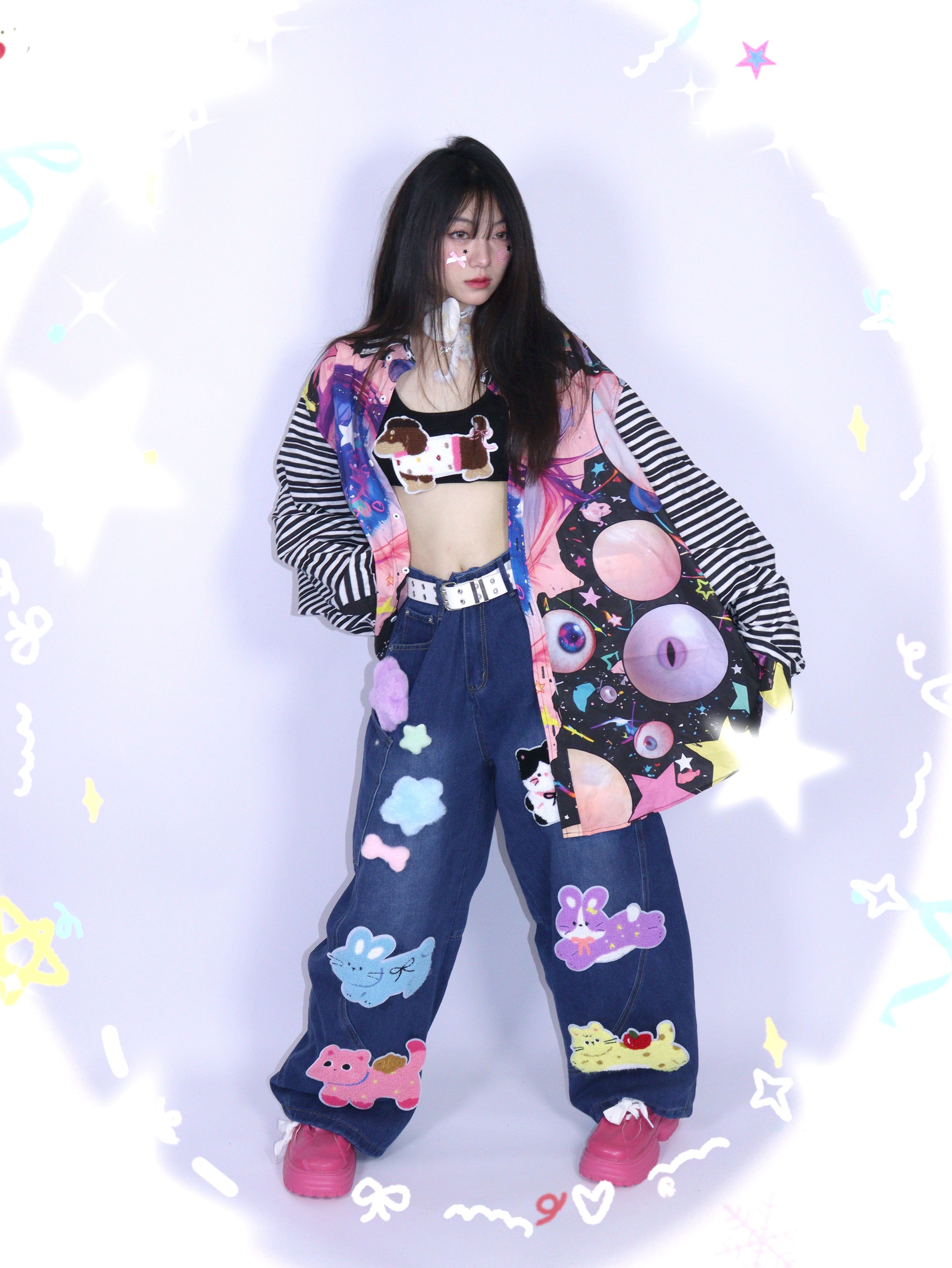 Kawaii Animal Patch Wide Leg Jeans