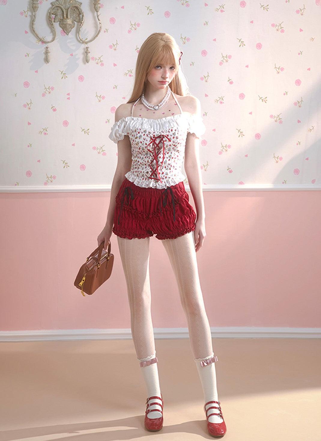 One Shoulder White Shirt and Shorts - Strawberry Sweetheart Edition - chiclara