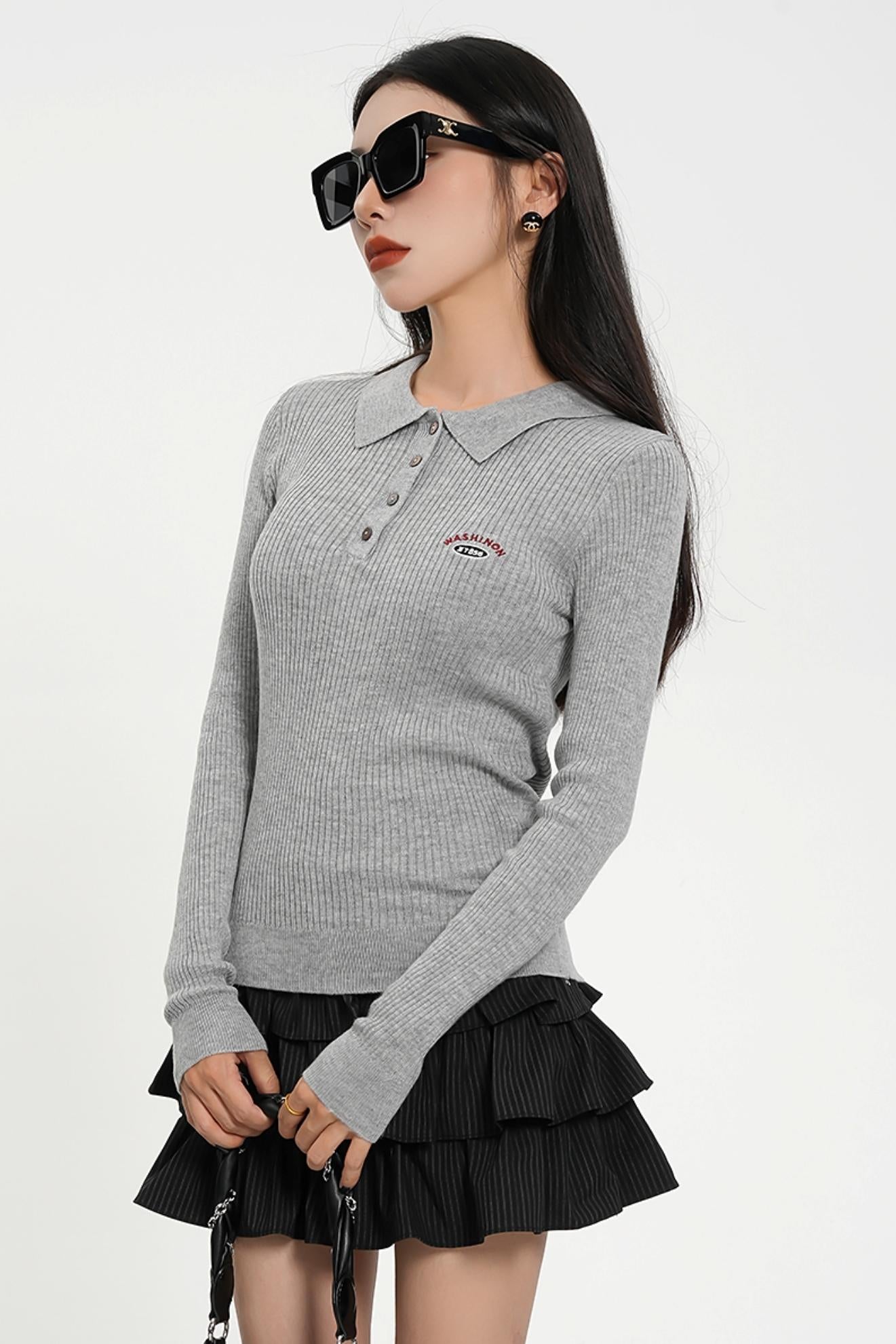 Long Sleeve Henley Sweater - Ribbed Knit Pullover with Embroidered Detail