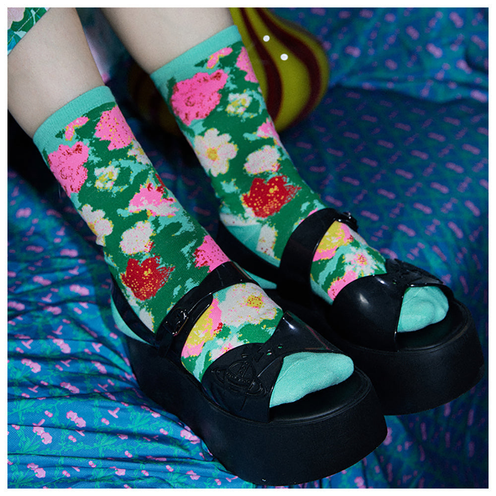 Spring Flower Pattern Cotton Crew Socks