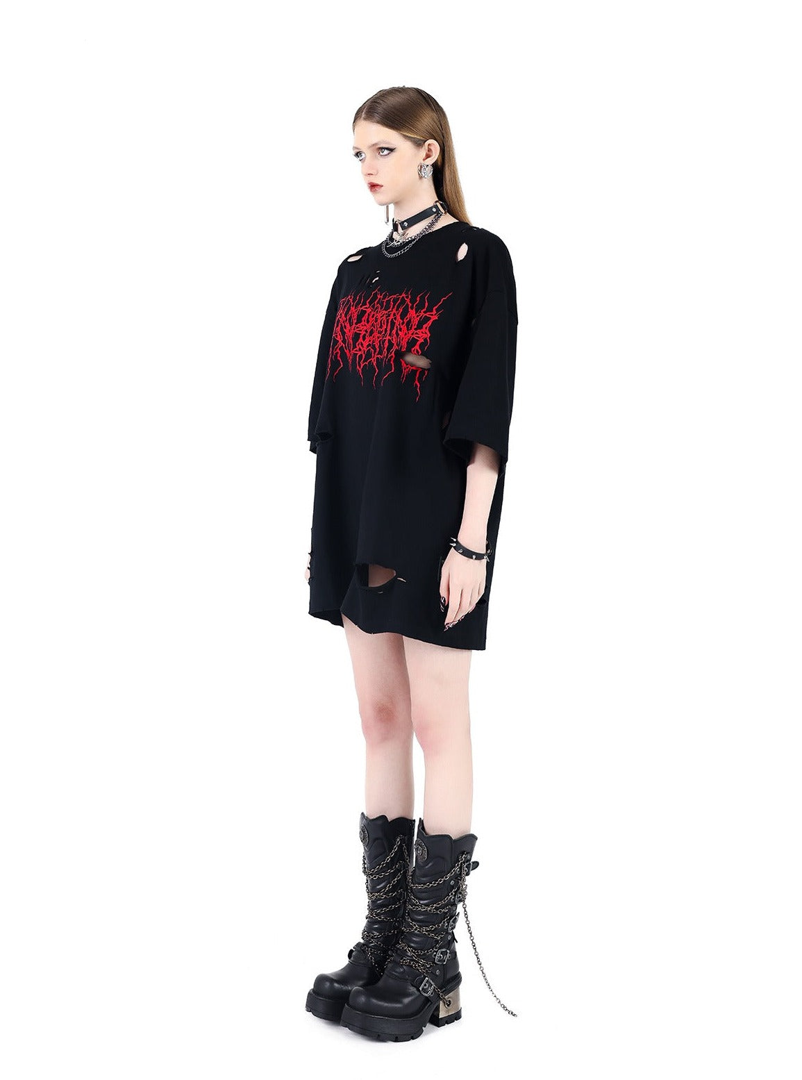 PINKSPINK Distressed Metal Band Oversized Tee - Black