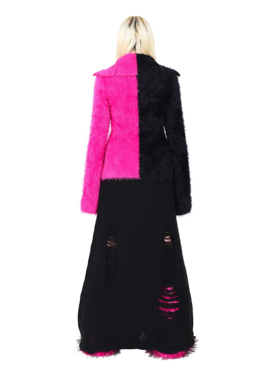 PINKSPINK Two-Tone Fuzzy Cropped Hoodie Cardigan - Black/Hot Pink