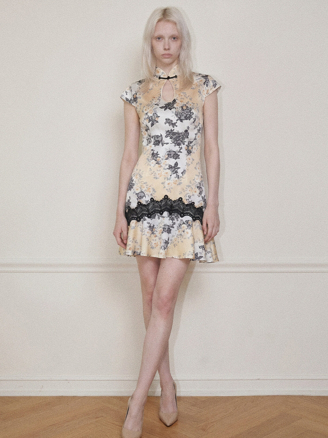Satin Floral Lace-Spliced Dress