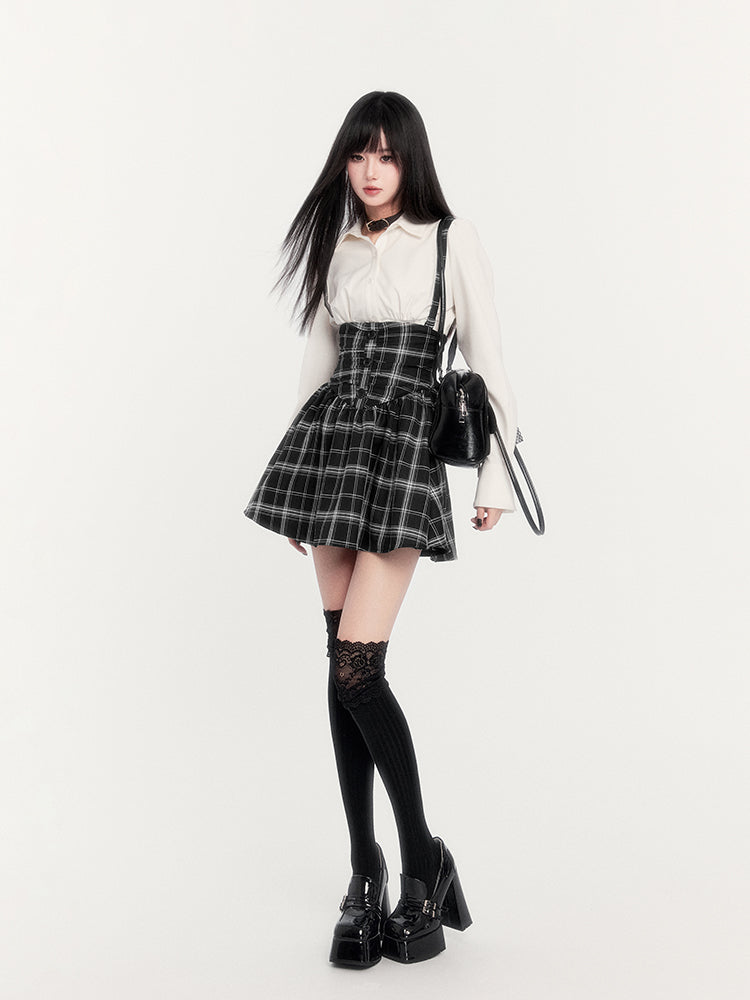 Super High Waist Plaid Suspender Skirt