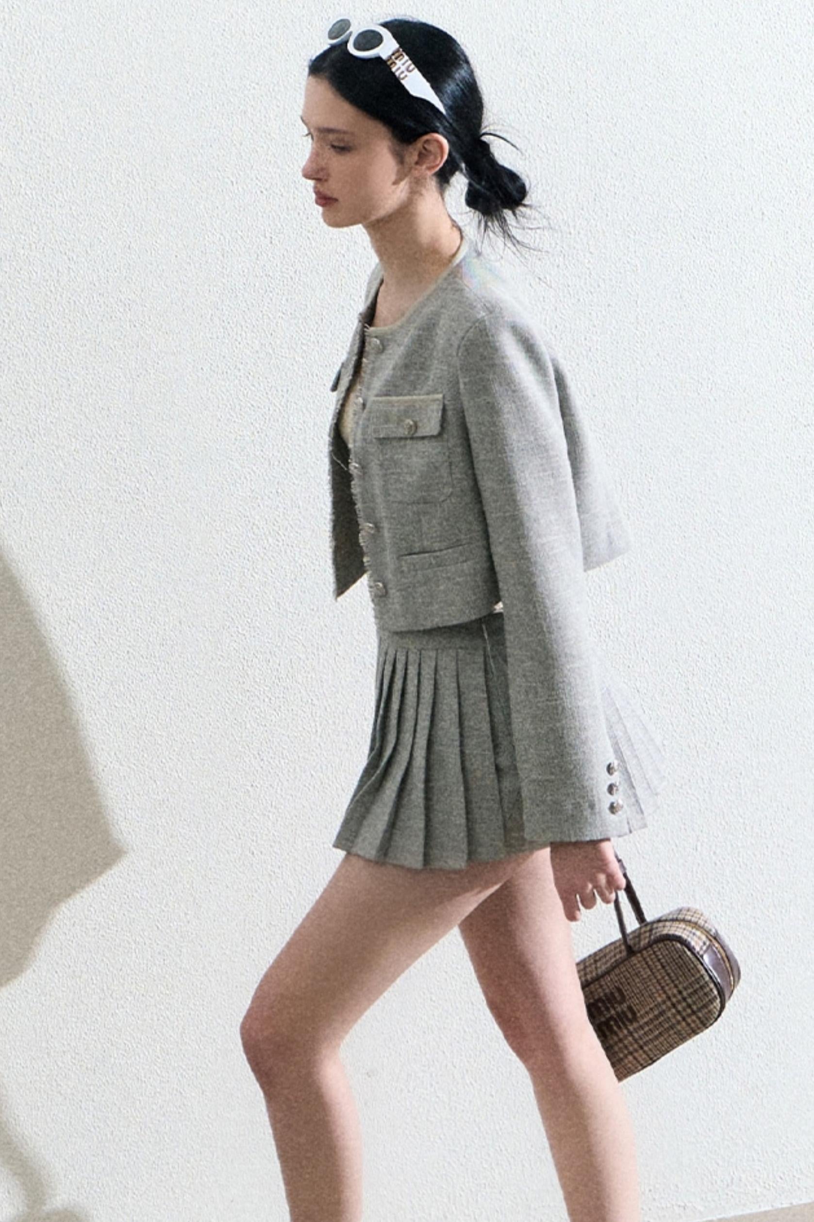 Grey Pleated Preppy School Blazer and Skirt Set