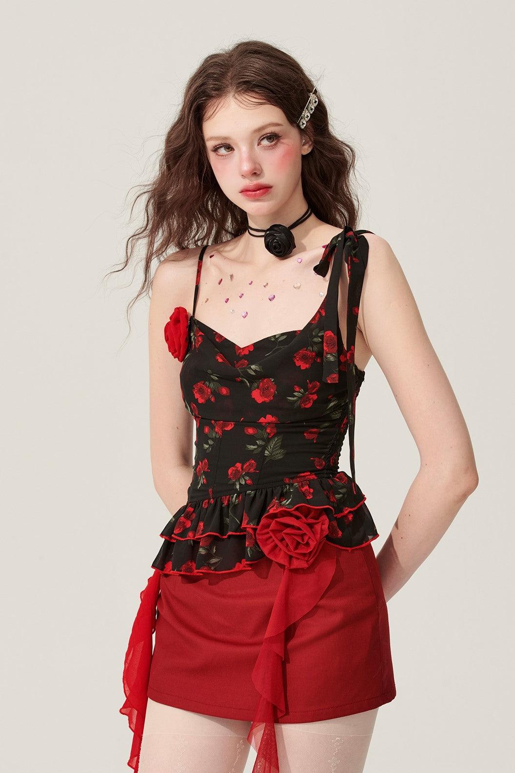 Elegant Black Rose Camisole Top - chiclara