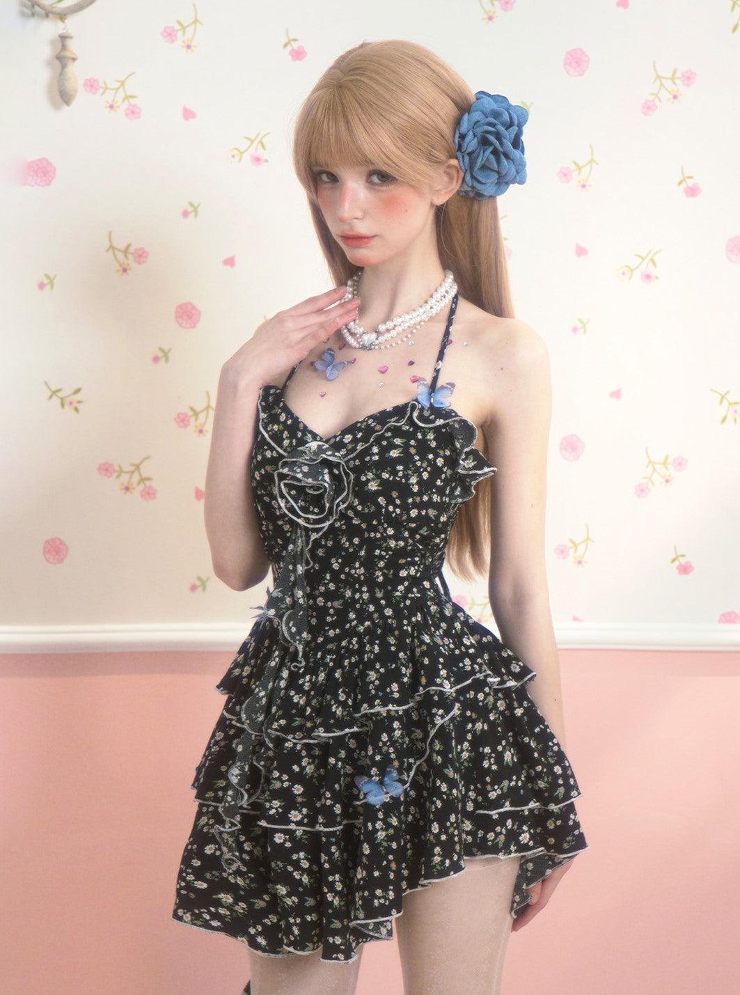 Elegant Black Floral Suspender Skater Dress - chiclara