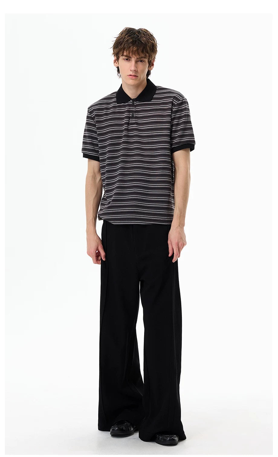 Retro Contrast-Stripe Polo T-Shirt Black styled full-length view
