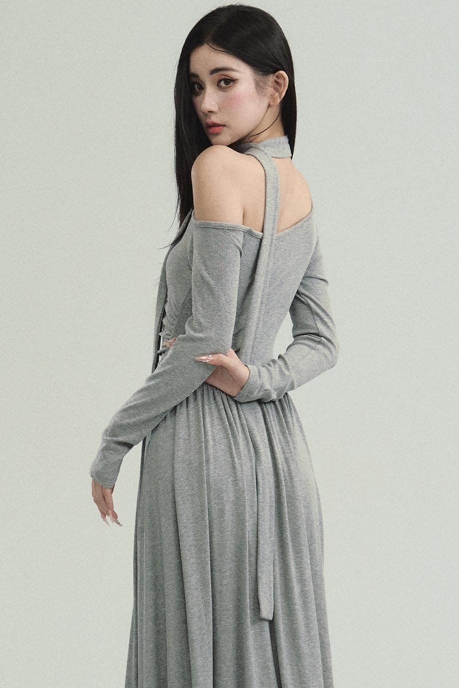 Cold Shoulder Choker Maxi Dress - Grey Gothic Asymmetric Dress