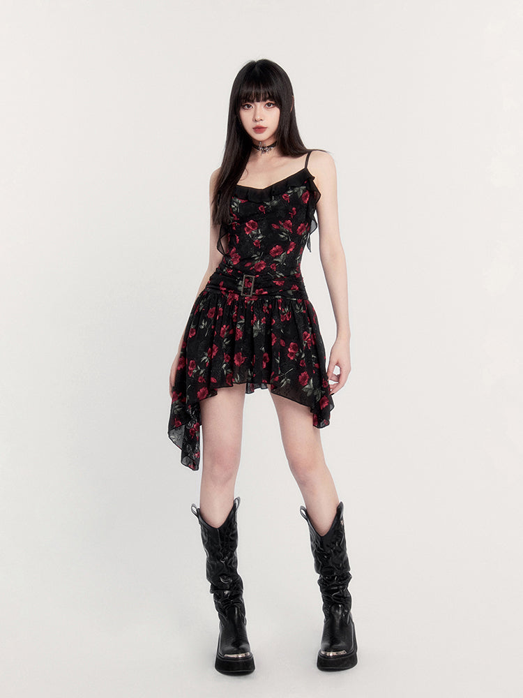 Floral Print Gothic Mini Dress with Asymmetric Hem