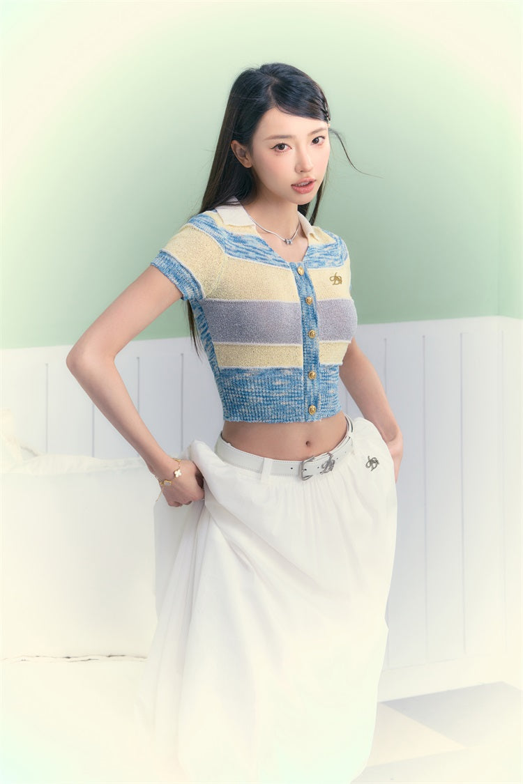 Pastel Striped Cropped Cardigan: Short Sleeve Collared Knit Top with Button Front