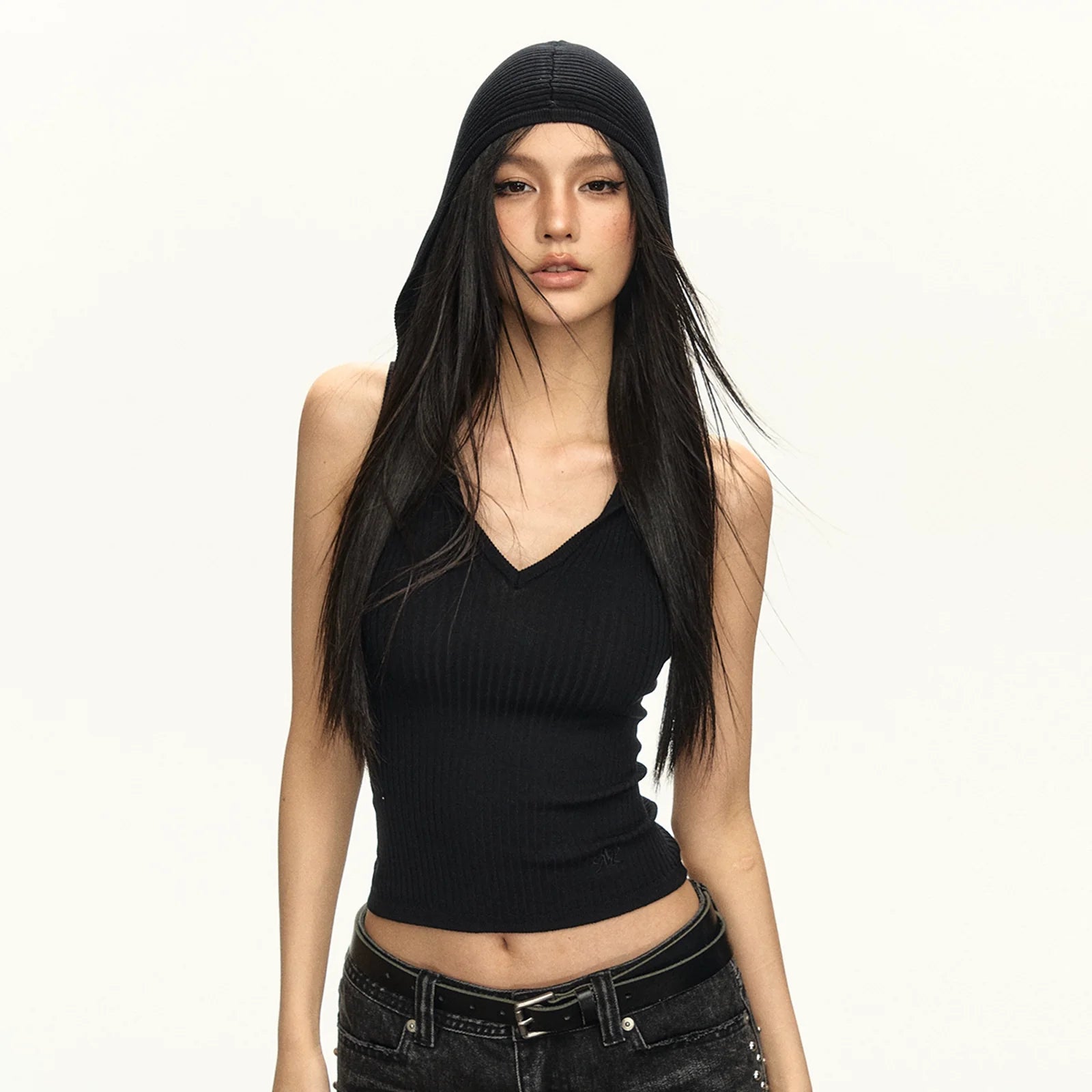 Ribbed Hooded V-Neck Tank Top