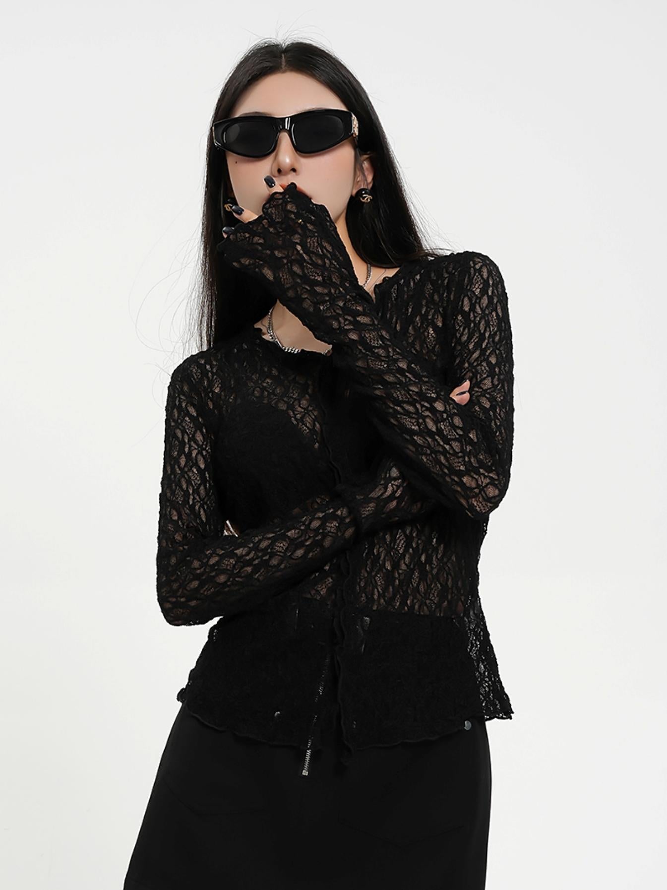 Sheer Lace Long Sleeve Crop Top - Gothic Mesh V-Neck Blouse