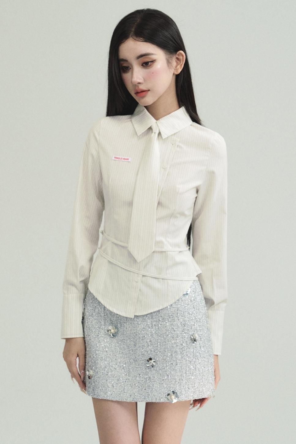 Avant-Garde Asymmetric White Button-Up Shirt with Side Tie Detail