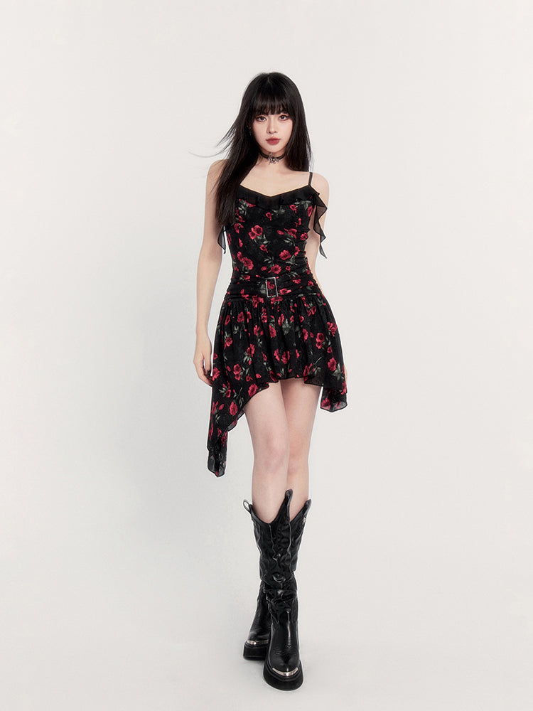 Floral Print Gothic Mini Dress with Asymmetric Hem