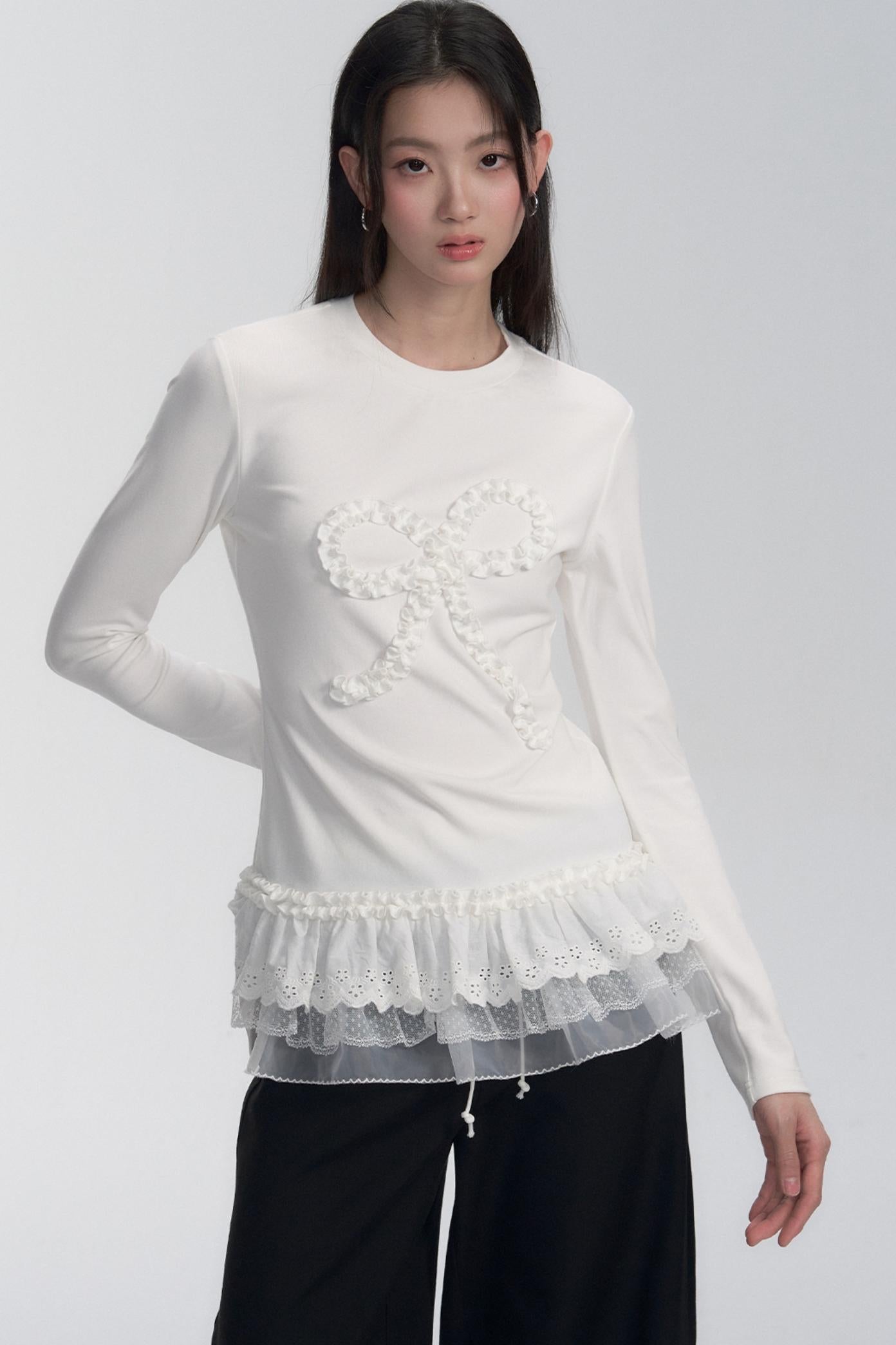 Ruffle Bow Lace Trim Sweater