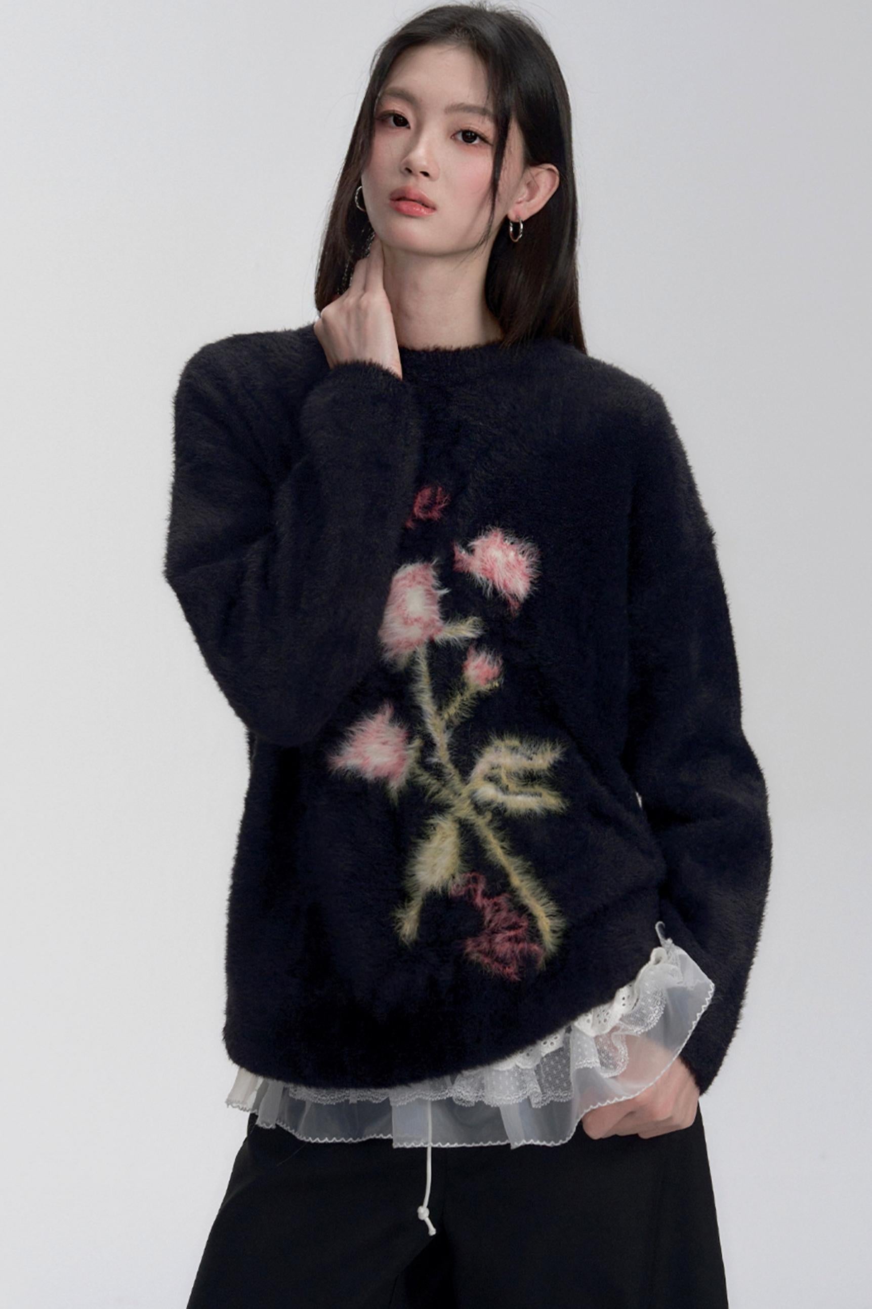 Floral Embroidered Fuzzy Sweater