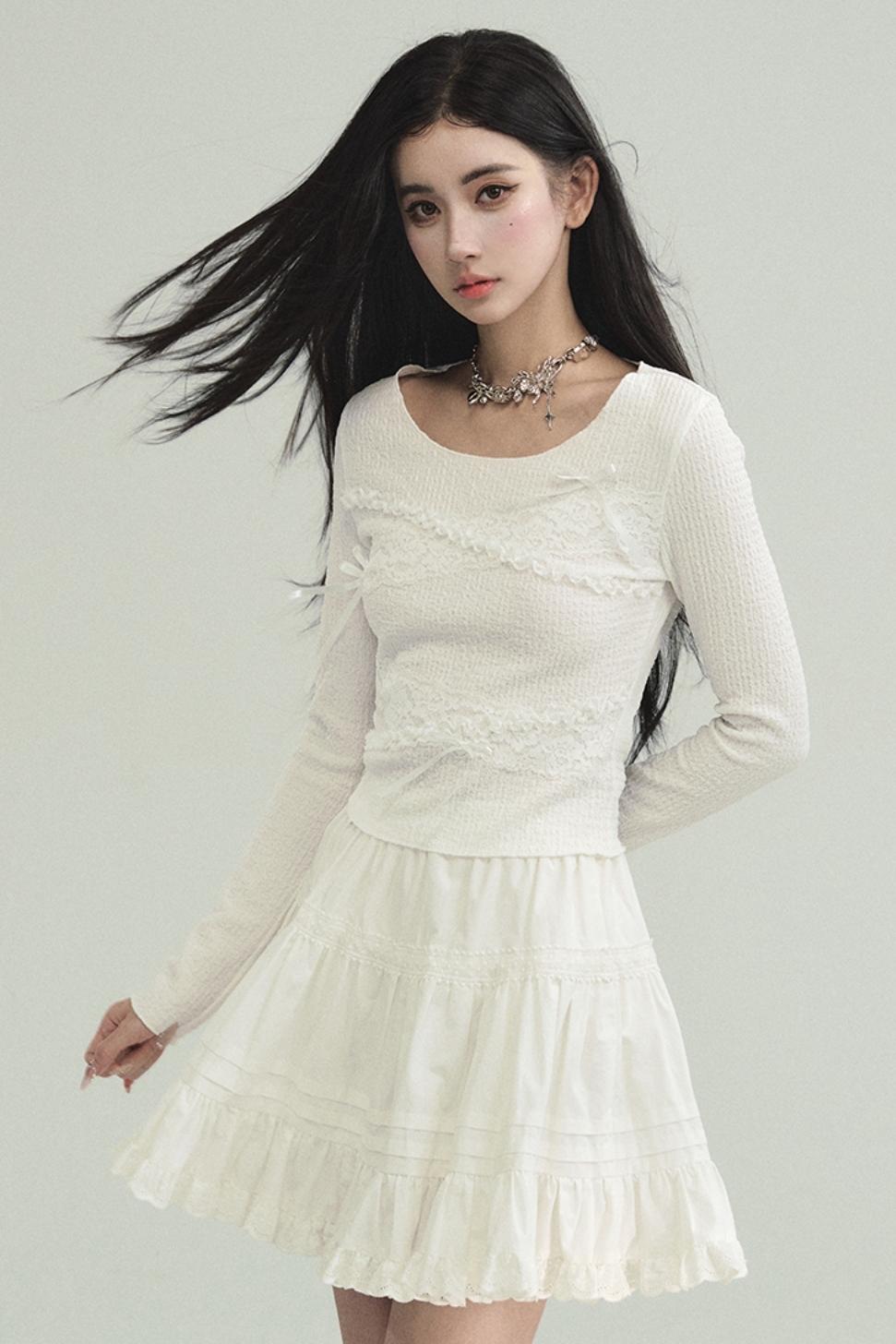 Ethereal Elegance: Ivory Long-Sleeve Crop Top with Asymmetrical Lace Overlay