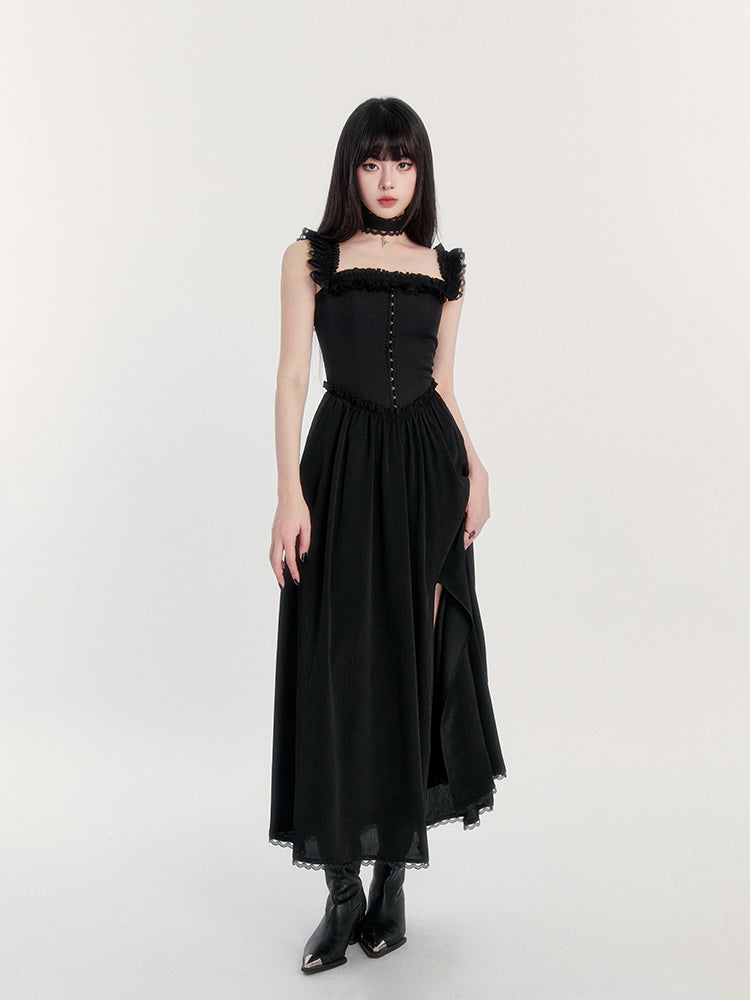 Off-Shoulder Gothic Dress with Lace Trim