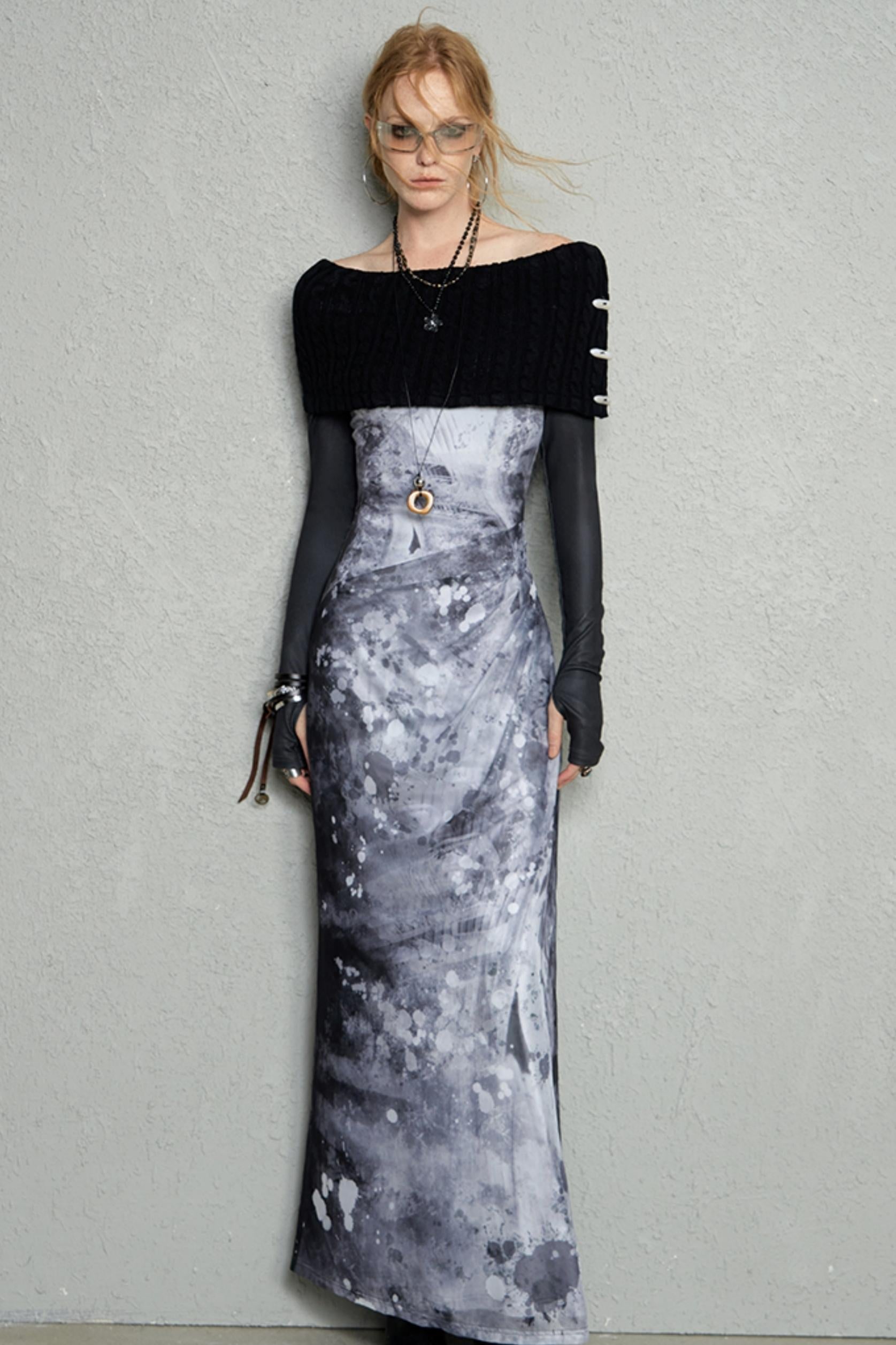 Abstract Paint Off-Shoulder Maxi Dress