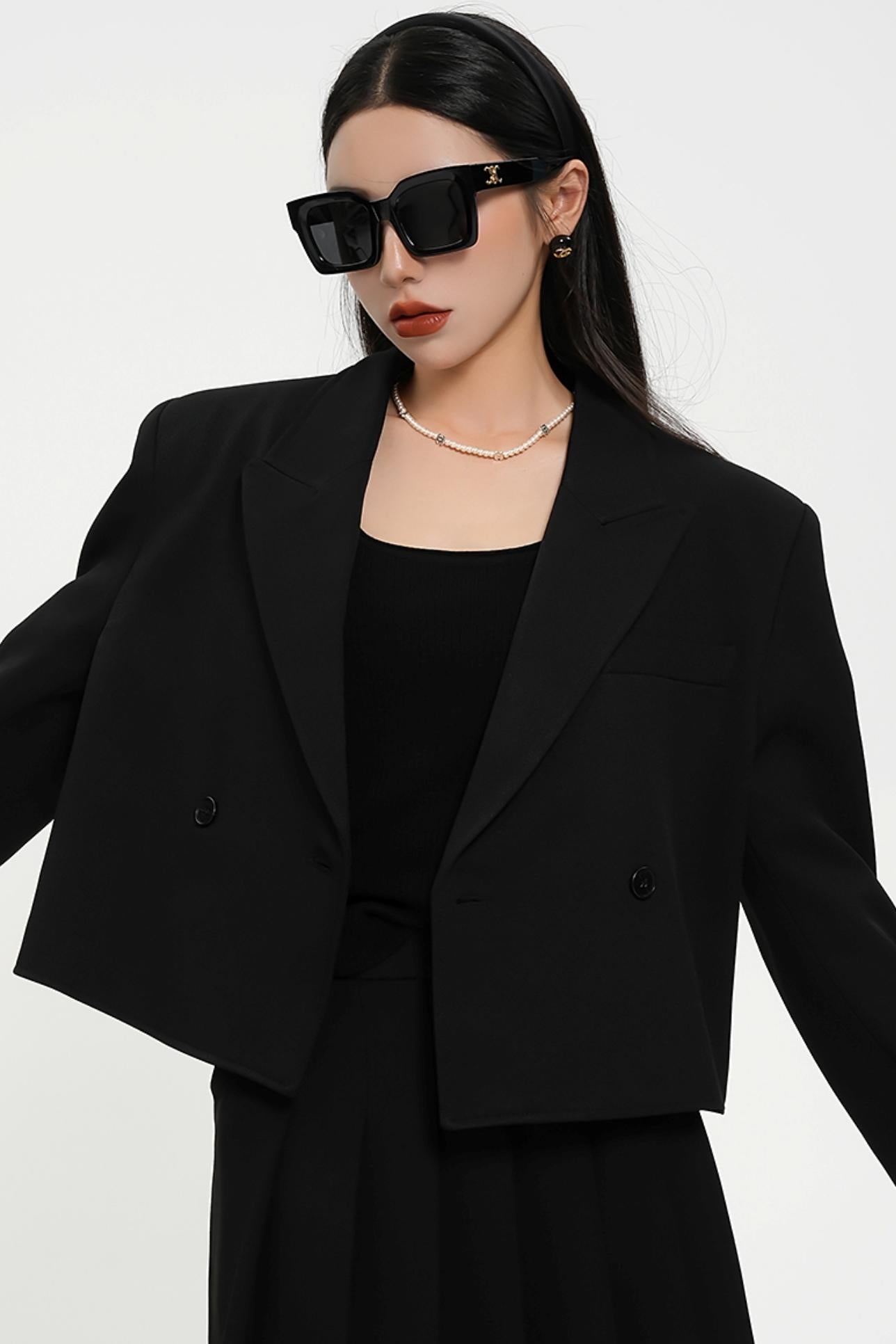 Olive Green Oversized Blazer - Double-Breasted Cropped Suit Jacket