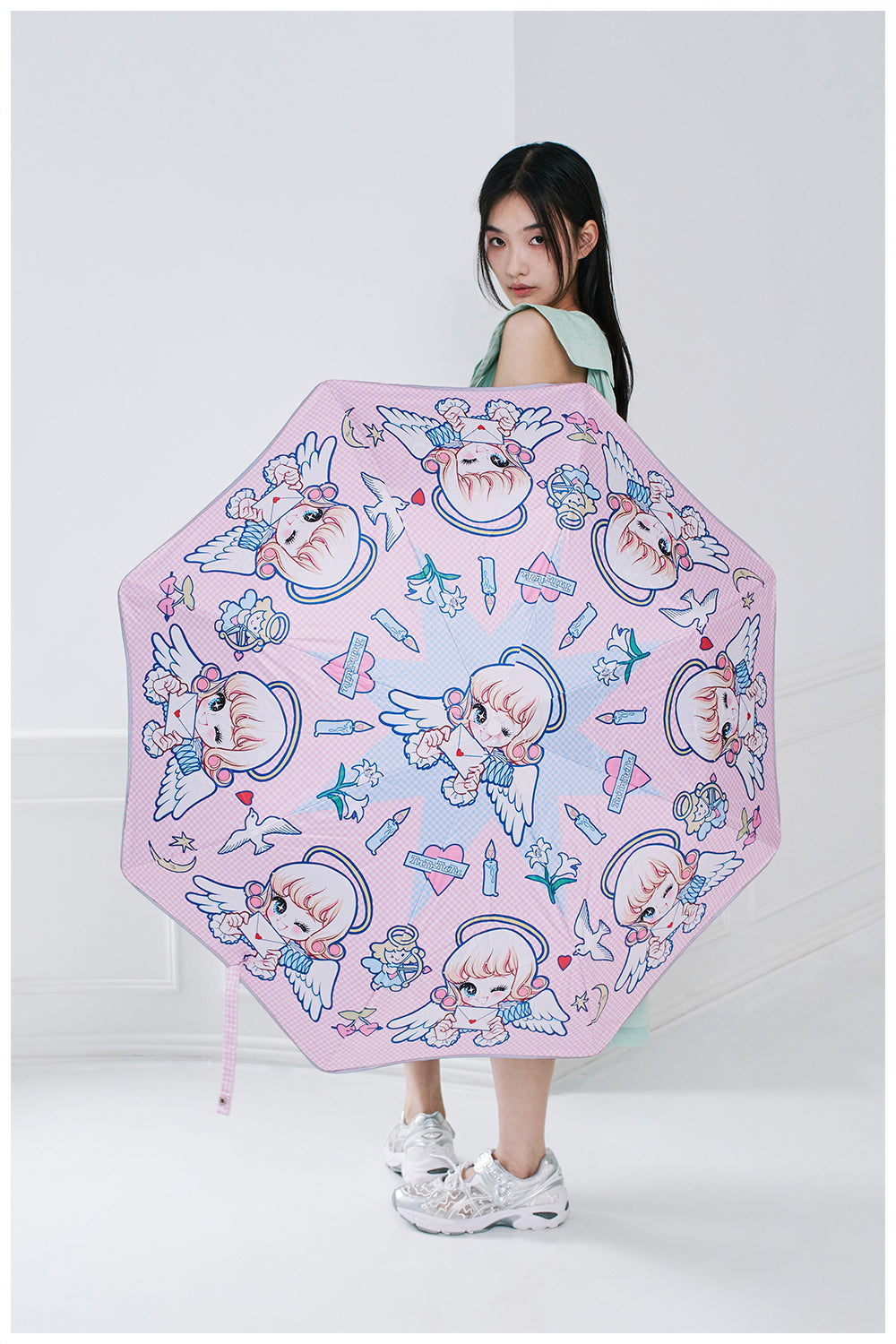 Pink Angel Print Octagon Umbrella