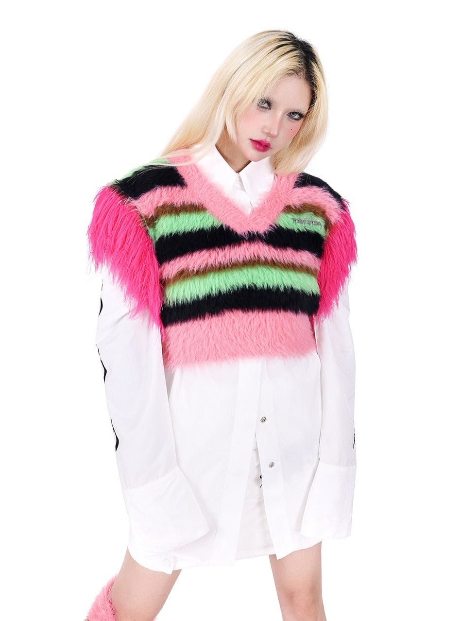 PINKSPINK Neon Rave Fuzzy Crop Sweater - Pink/Green Multi