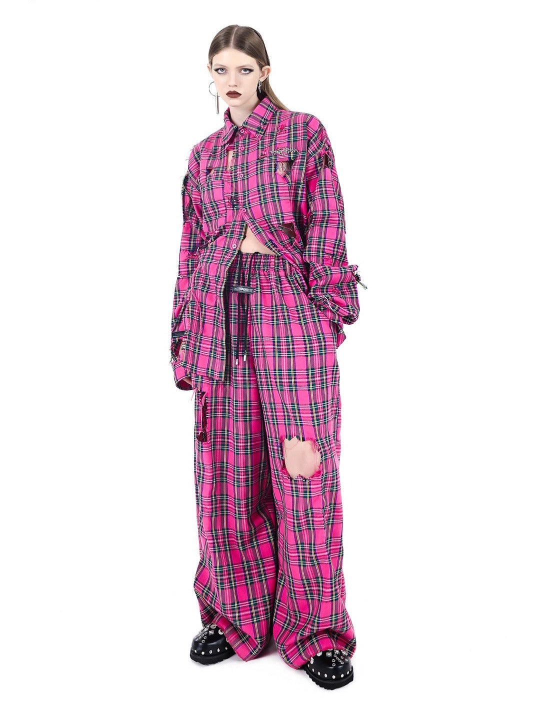 PINKSPINK Oversized Punk Plaid Shirt - Hot Pink