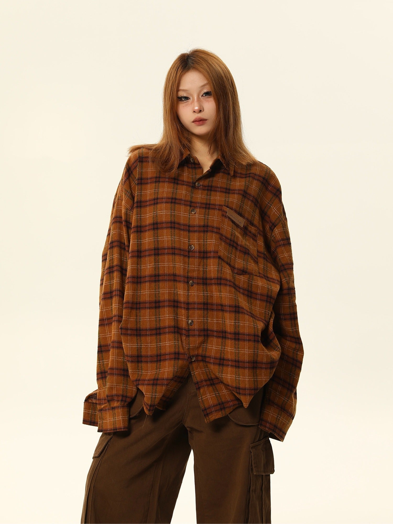 Oversized Plaid Flannel Shirt with Grid Pattern