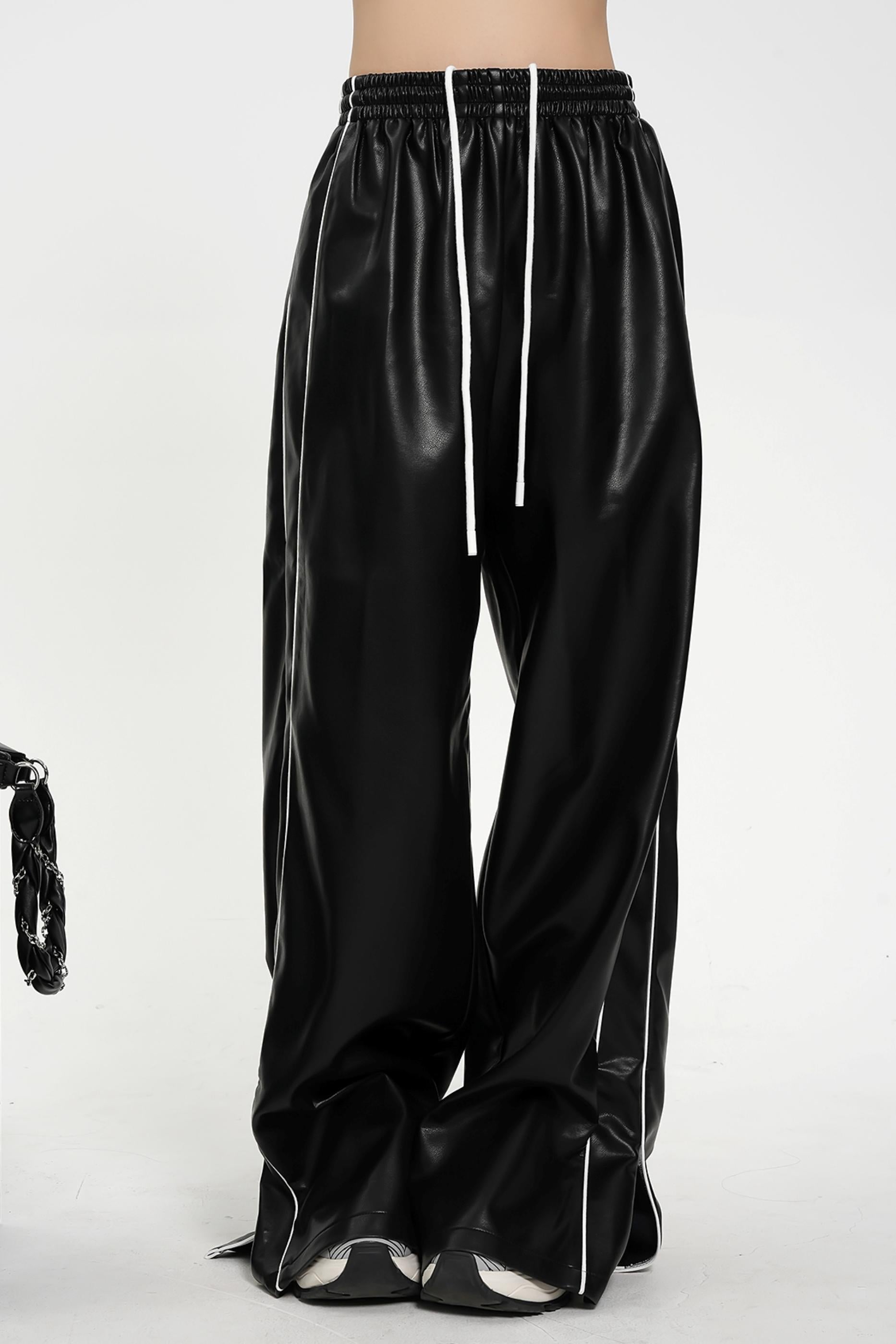 Luxe Satin-Look Drawstring Pants - Wide Leg Striped Track Bottoms