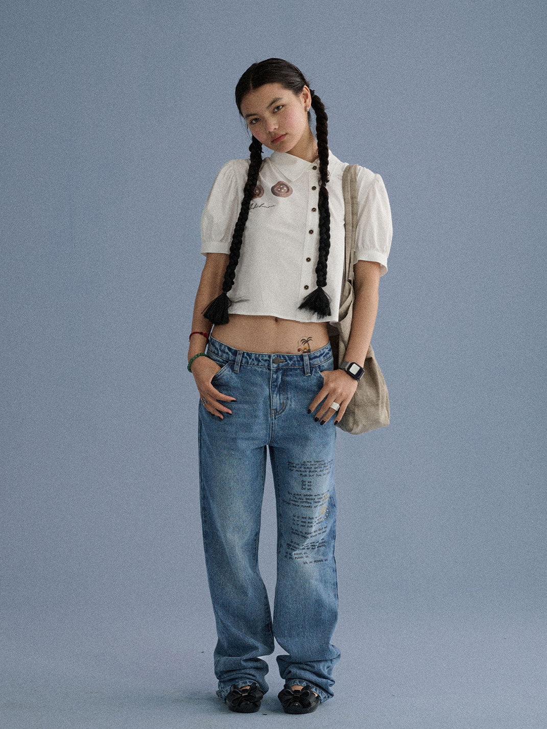 Distressed Letter Print Jeans