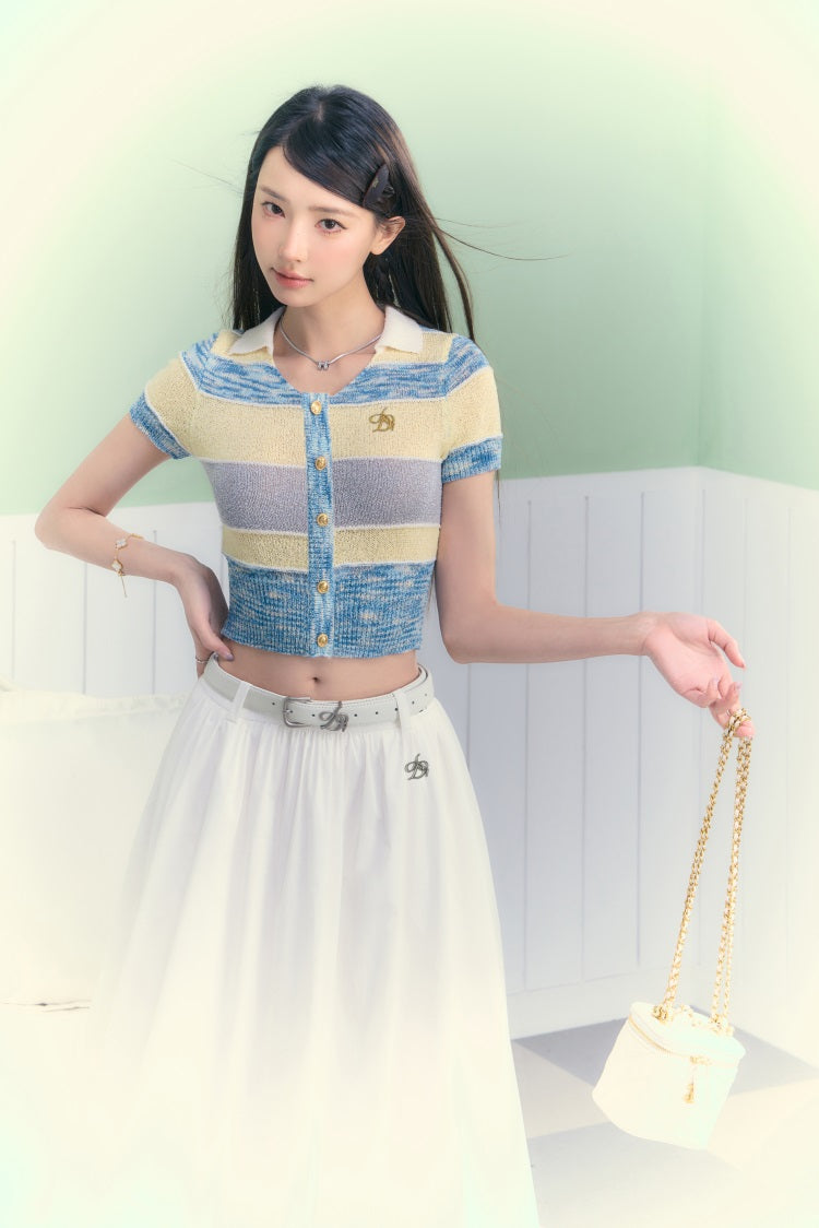 Pastel Striped Cropped Cardigan: Short Sleeve Collared Knit Top with Button Front