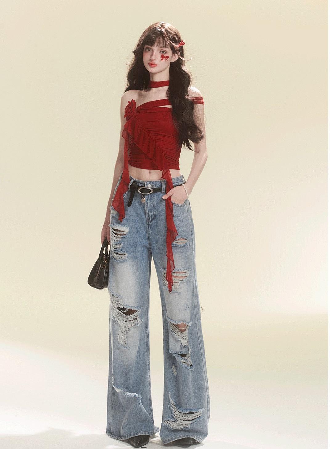 Stylish Red Tube Top and Denim Pants Set - chiclara