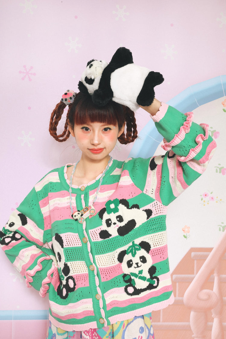 Kawaii Panda Stripe Knit Button Cardigan