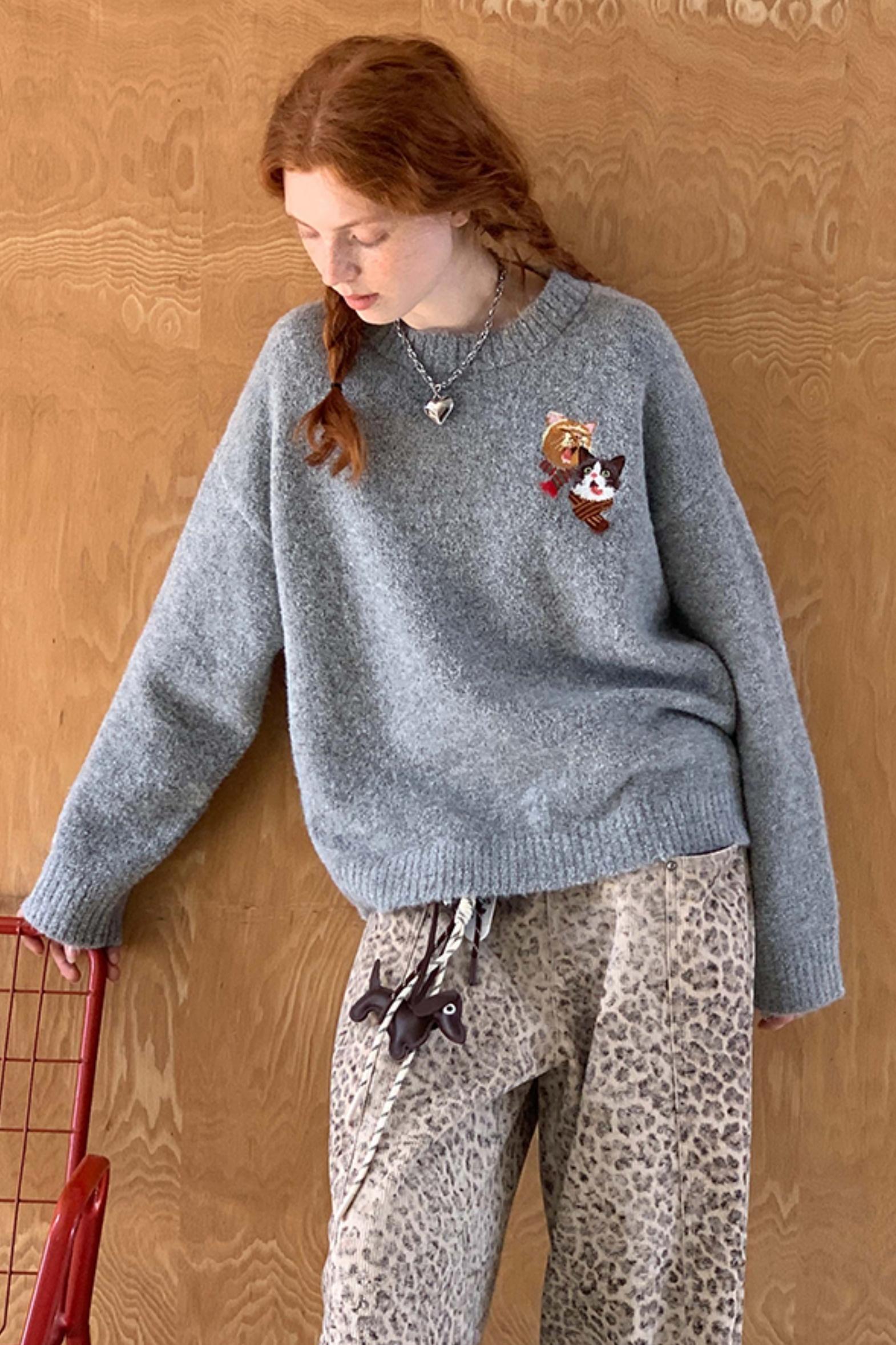 Embroidered Cat Knit Sweater