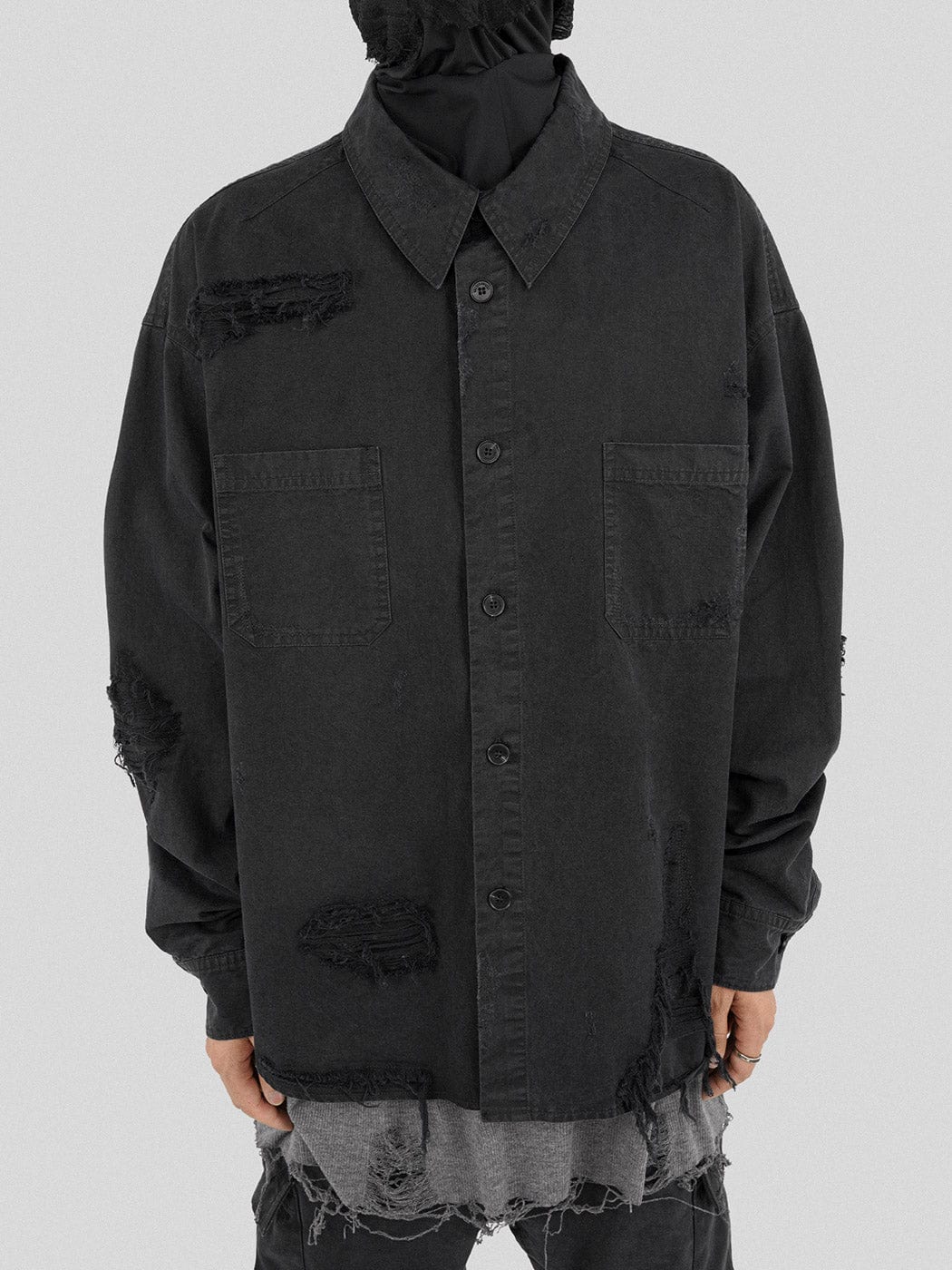 Distressed Oversized Black Denim Shirt