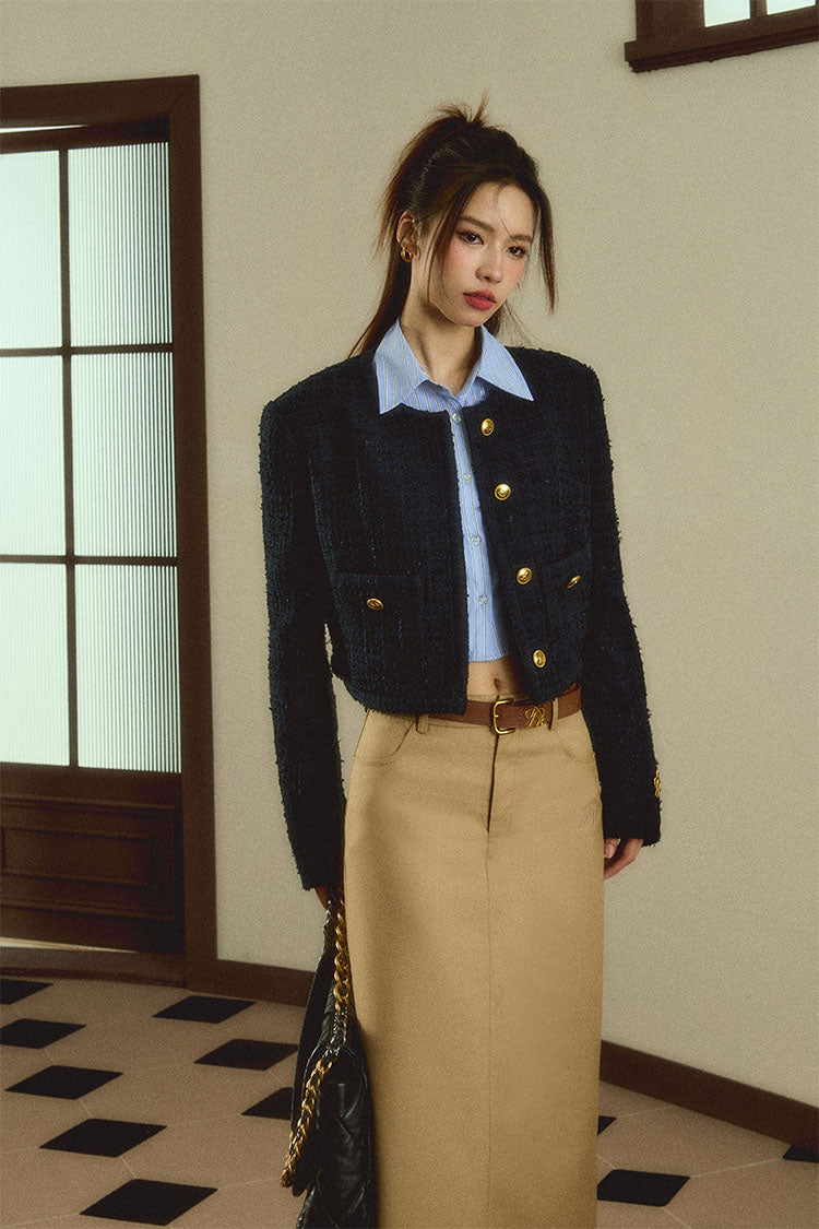 Cropped Tweed Jacket: Navy Blue Boucle with Gold Button Detail and Logo Embroidery