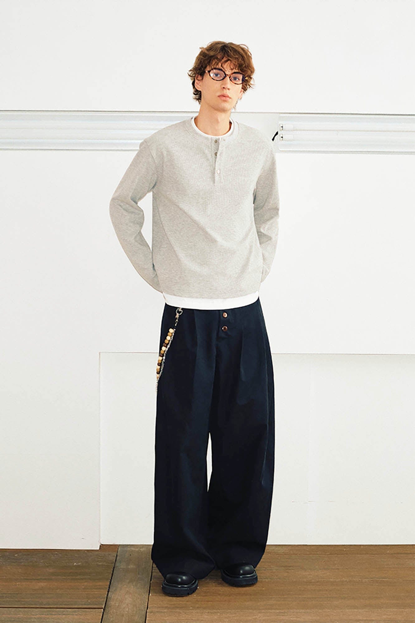 Wide-Leg Navy Trousers with Button Fly