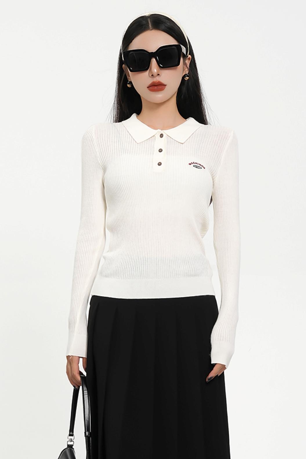 Long Sleeve Henley Sweater - Ribbed Knit Pullover with Embroidered Detail