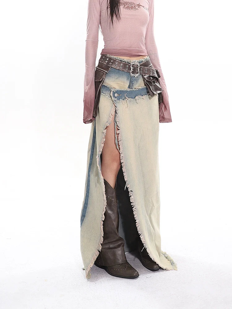 Distressed Denim Cowgirl Slit Skirt