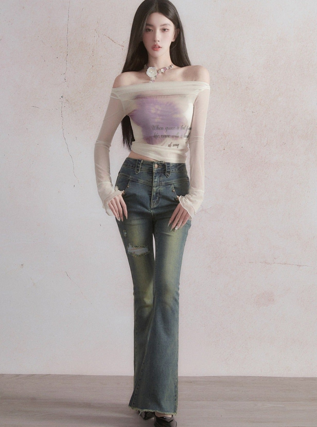 Ethereal Off-Shoulder Crop Top - Sheer Long Bell Sleeve Blouse with Ribbon Tie and Watercolor Print